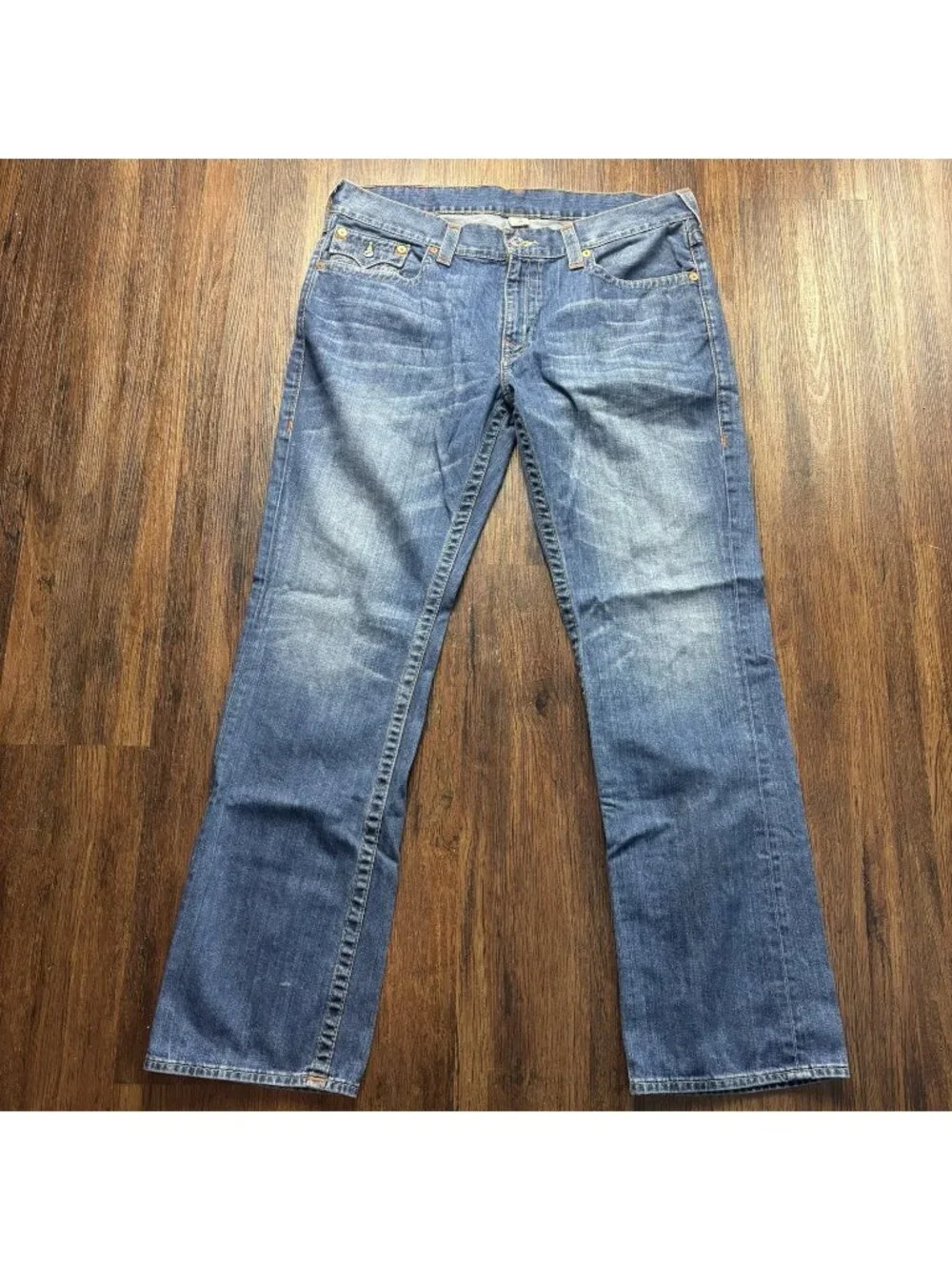 True Religion Straight Jeans Distressed Medium Wash Big T Flap Men’s Size 38